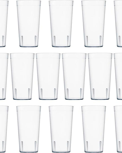 US Acrylic Cafe Plastic Reusable Tumblers (Set of 16) 20-ounce Water Cups in Clear | Value Set of Restaurant Style Drinking Glasses, Stackable, BPA-free, Made in the USA | Top-rack Dishwasher Safe
