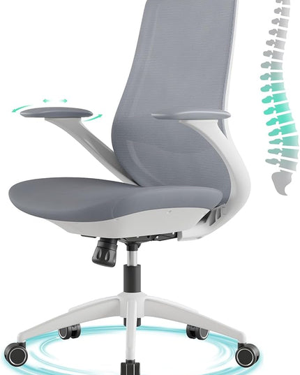 Ergonomic Office Chair, High Back Mesh Desk Chair with Lumbar Support, 360° Swivel & Slide-Adjustable Arms, Tilt Lock and Recline, Breathable Task Chair for Home Office & Gaming (Grey)