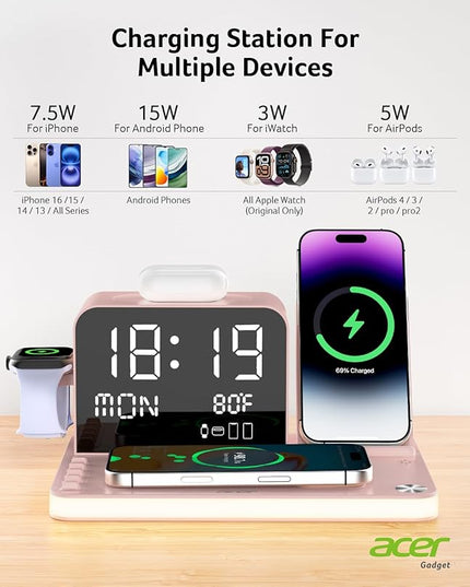 Acer 7-in-1 Wireless Charging Station with LED Clock - 30W Fast Wireless Charger for iPhone 16/15/14/13/12/Pro Max, Apple Watch, AirPods - Bluetooth Auto Time Sync & Night Lights (Pink)