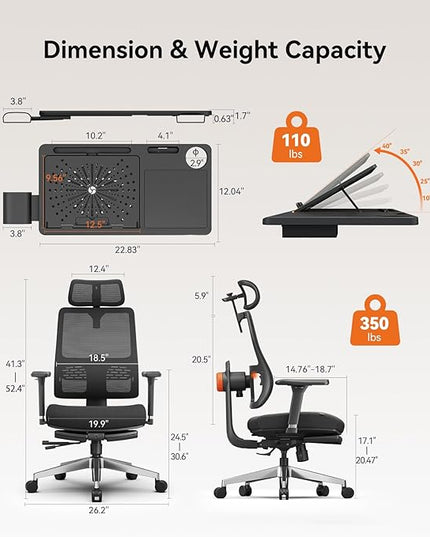 Newtral Office Chair Ergonomic with Footrest, Auto-Following Lumbar Support, High Back Desk Chair with 4D Armrest,136° Tilt Lock, Adjustable Seat Depth & Height (Supreme with Laptop Tray, Black)