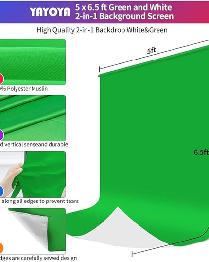 2-in-1 White Backdrop Green Screen Backdrop Stand Kit, 5x6.5 ft Greenscreen Background with Stand for Streaming, Zoom, Photography, Video with Clips & Carrying Bag