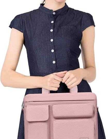 MOSISO Laptop Shoulder Bag 15.6 inch, 15-15.6 inch Computer Bag Compatible with MacBook Pro 16 inch, HP, Dell, Lenovo, Notebook with 2 Raised&1 Flapover&1 Horizontal Pocket&Handle&Belt, Pink