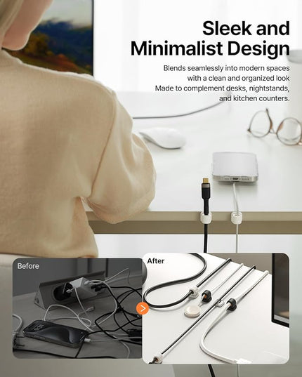 6 Pack Sinjimoru Magnetic Cable Clips, Compact Size Cord Organizer & Cable Management for Desk, Nightstand & Car, Fits up to 7.5mm Cables, White