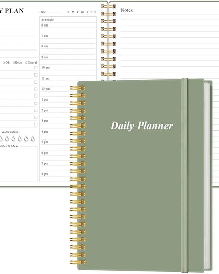 Daily Planner Undated - A5 To Do List Notebook Hourly Schedules, Spiral Appointment Planner for Women and Men, PVC Hardcover, Inner Pocket, Elastic Closure, 5.8" x 8.3", Green