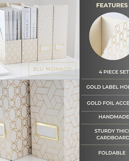 BLU MONACO | Cardboard Magazine File Holder Set of 4 | Vertical Magazine File Holder for Desk and Shelves | Cream Gold Foldable Magazine Holders with Label Slots