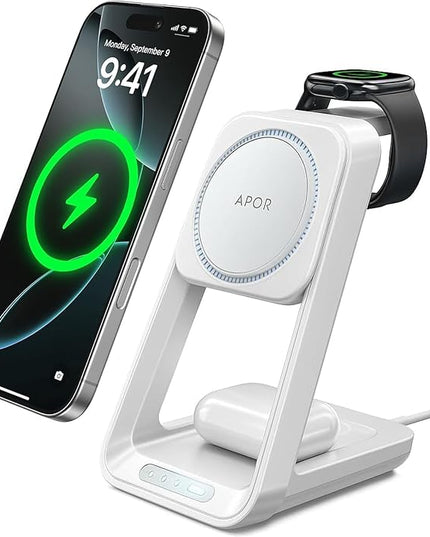 3 in 1 Charging Station for iPhone, Magsafe Wireless Charger with Cooling Fan for iPhone 17 16e 16 15 14 13 12 Series & Apple Watch Charger, Wireless Charging Station for AirPods 4/3/Pro (White)