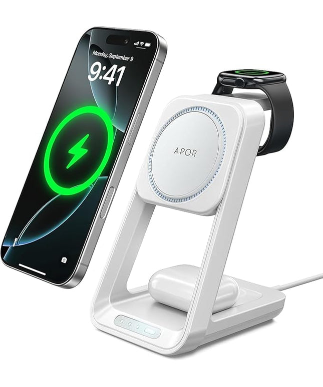 3 in 1 Charging Station for iPhone, Magsafe Wireless Charger with Cooling Fan for iPhone 17 16e 16 15 14 13 12 Series & Apple Watch Charger, Wireless Charging Station for AirPods 4/3/Pro (White)
