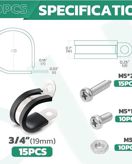 OURU 15PCS 3/4 Inch Cable Clamps with 35PCS Screws Assortment Kit 304 Stainless Steel Rubber Cushioned Insulated Cable Clamp, Automotive Wire Pipe Clamps(19mm)