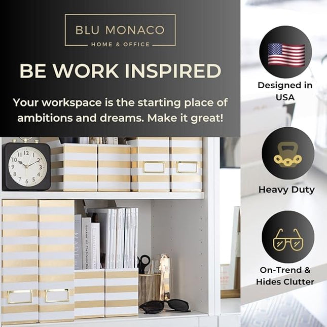 BLU MONACO Set of 4 Gold & White Striped Magazine File Boxes | Foldable Cardboard File Organizer Boxes with Gold Label Holders | Stylish Desk Organizer for Home Office and Classroom