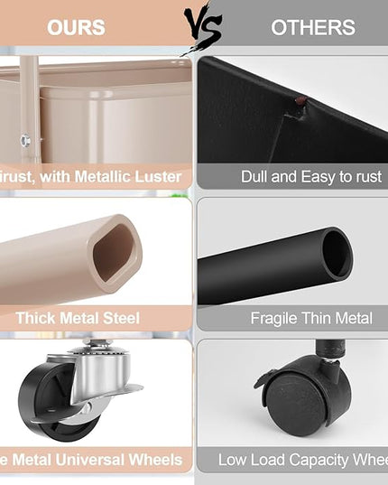 EAGMAK 3 Tier Utility Rolling Cart, Metal Storage Cart with Handle and Lockable Wheels, Multifunctional Storage Organizer Trolley with Mesh Baskets for Kitchen, Living Room, Office, Garage (Beige)
