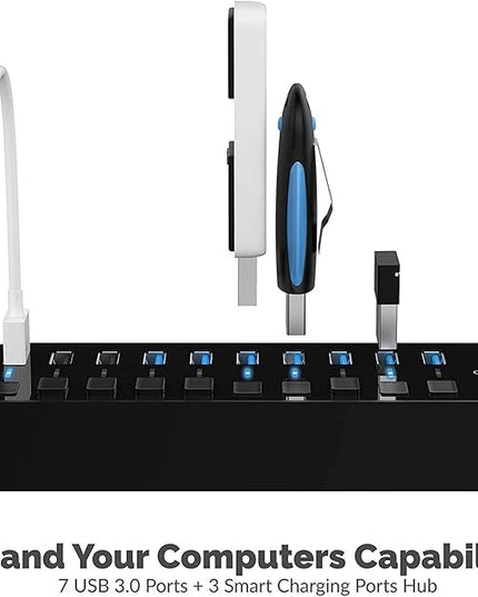 SABRENT 10-Port USB 3.0 Hub, Individual Power Switches and LEDs, 3 Smart Charging Ports, 60W Power Adapter, for PC, Mac, Xbox, PS5, Laptop, Desktop, USB Devices (HB-B7C3)
