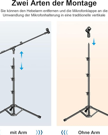 Microphone Stand, Tripod Boom Arm Floor Mic Stand Height Adjustable Heavy Duty with Carrying Bag 2 Mic Clips 3/8" to 5/8" Adapter for Singing Podcast for Blue Yeti Shure SM58 SM48 Samson Q2U