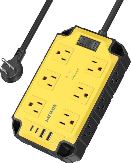 Heavy Duty Power Strip15 Amps/1200 Joules, 12 Outlets with 4 USB Ports (2 USB-C), Industrial Magnetic Surge Protector, 6.5 FT Extension Cord for Industrial Shop Garage (Yellow)