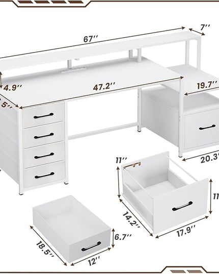 SEDETA White Computer Desk with 5 Drawer & Power Outlet, 66'' Home Office Desk with File Drawer, Storage Shelves, Printer Cabinet and Monitor Shelf, Gaming Desk with Led Lights