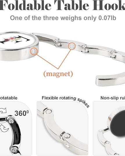 Iqimott 3pcs Personalized Initial Foldable Purse Hook for Table, Flower Letter Folding Handbag Hanger Portable Magnet Table Hook Holder, Collection Desk Purse Hooks for Women Bag (Black-F)
