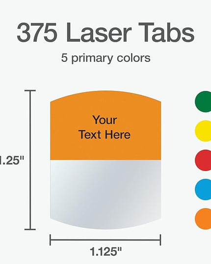 Redi-Tag Laser Printable Tabs, Permanent Index Tabs, Customizable Adhesive Labels, Assorted Primary Colors, 1.125" x 1.25", 375 Per Pack (1006556)