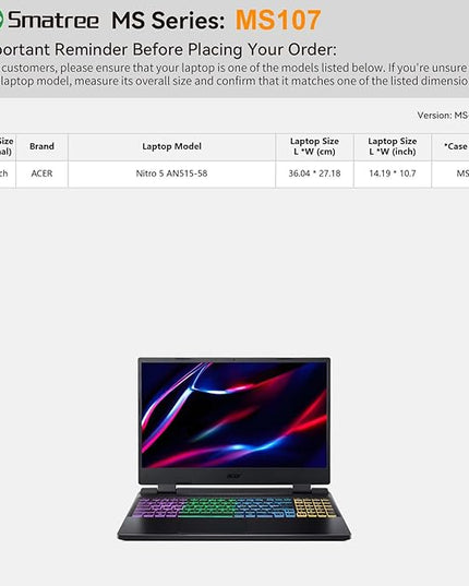 Smatree MS107 Hard EVA Protective Sleeve Case with Stand Compatible for 15.6 inch Acer Nitro 5 Gaming Laptop-AN515-58-552Y/78BT/781P/71J9/74TL