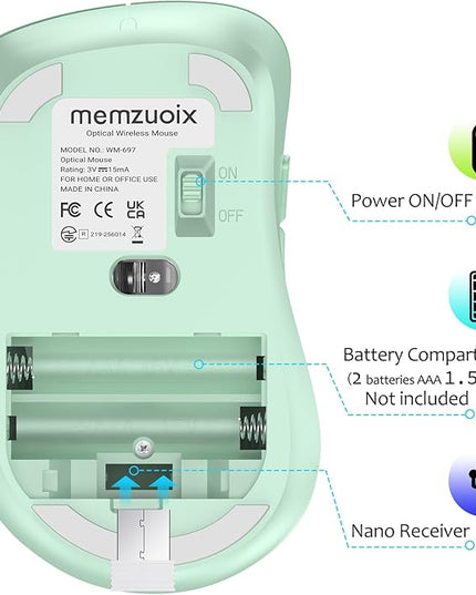 memzuoix 2.4G Wireless Mouse, 1400 DPI Computer Mice USB Receiver, Portable Wireless USB Mouse Battery Powered Cordless Mice for Laptop, PC, Desktop, 5 Buttons (Light Green)