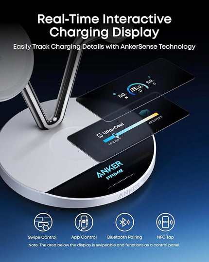 Anker Prime MagSafe Charger Compatible, 3-in-1 Charging Station, Qi2 25W Certified Wireless Charger Dock Stand, Smart Display with TEC Active Cooling, for iPhone 17, Apple Watch, AirPods (White)