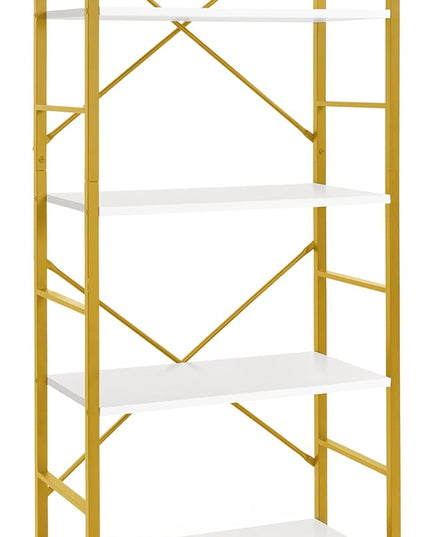 CAPHAUS 4 Tier Bookshelf, Bookcase Shelf Storage Organizer, Living Room, Kitchen, 24 Inch Width Free Standing Shelf, Industrial Book Shelves for Home Office, White Wooden Shelves & Gold Frame