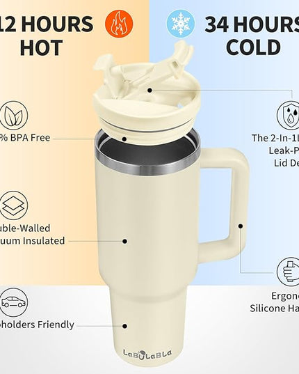 40oz Tumbler with Handle,Double Wall Vacuum Reusable Stainless Steel Insulated Water Bottle,With Leak Proof lid and Straw for Iced or Cold Beverages (Beige)