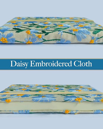 A5 Notebook, Flower Journal, Embroidered Notebook, 8"x6", Hardcover, Lay Flat, Lined, Wide Ruled Paper, Personalized Notebook, Pretty Journal, Daisy Gifts for Women, Blue, with Elastic Band