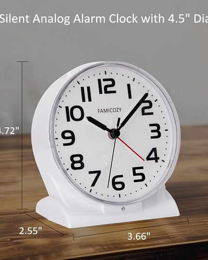 FAMICOZY Automatically Backlighted Alarm Clock,Silent No Ticking for Seniors Vision Impaired,Easy to Set,Big Numbers,Ascending Alarm,Gentle Wake,Snooze,2 AA Battery Operated,White