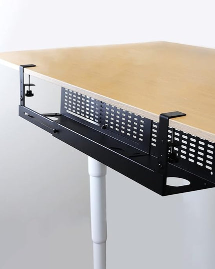 AEONS Under Desk Cable Management Tray Kit - Horizontal Adjustable up to 41” Removable C Clamp Mount Reversible Computer Cord Raceway and Modesty Panel for Large Table, Black