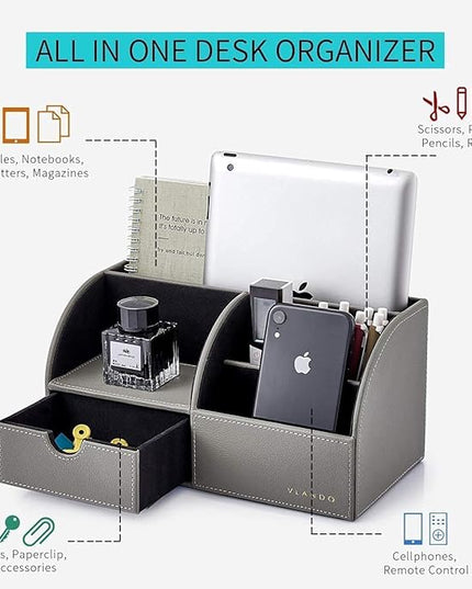 Vlando Office Desk Organizer Leather Desktop Organizer Caddy with Drawer for Storing Desktop Supplies and Accessories (Grey Set)