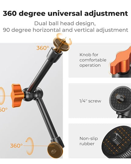 K&F CONCEPT 9.8" Magic Arm, 1/4" Screw Camera Mount Arm 360° Ball Heads for DSLRs, Monitor, Flash, LED Light, Microphone, Camera Cage, Action Camera