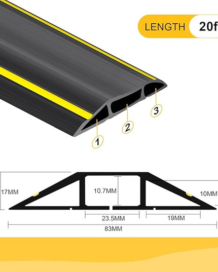 20 Ft Heavy Duty Floor Cord Cover Cable Protector, 3 Channels Protect Cords and Prevent a Trip Hazard— Conceal Wires at Home, Office, Warehouse, Workshop, Concerts