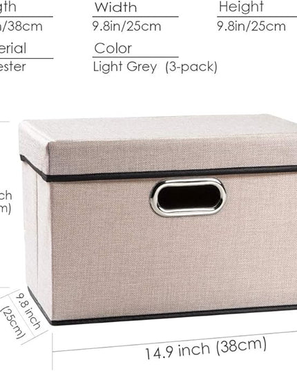 PRANDOM Foldable Storage Bin with Lid [3-Pack] Linen Fabric Decorative Storage Box Organizer Container Basket Cube with Handles Divider for Closet Office Living Room Light Grey(14.9x9.8x9.8)