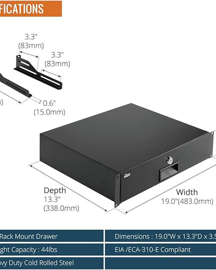 Tecmojo 2U Rack Drawer,Rack Mount Drawer for 19in Network Equipment/Server/AV Rack or Cabinet Enclosure,Sliding and Lockable Server Rack Drawer - Load-Bearing 44lb (20kg),with Cable Management Holes
