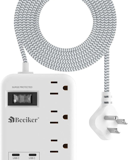 6 USB(2 USB C) Surge Protector Power Strip- 5Ft Travel Power Strip with 4.8A USB Charging Station and 4 Extendable Outlet, 13A Flat Plug Braided Extension Cord with Wall Mount for Travel Office Dorm