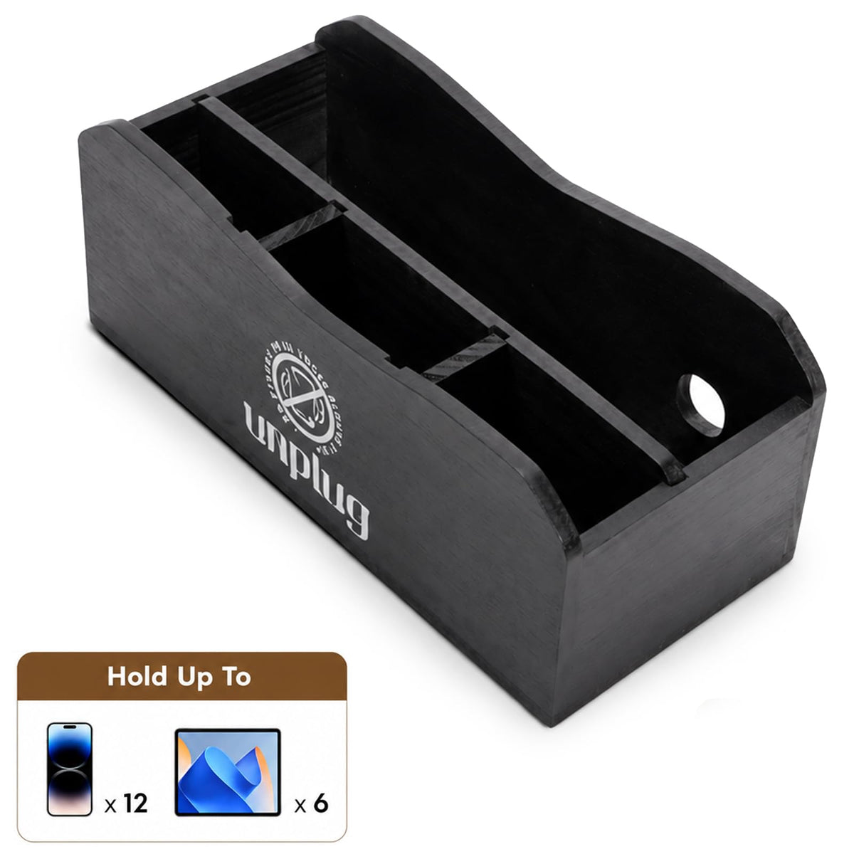 Lawei Wood Phone Box, 4-Grid Cell Phone Holder Organizer with Charging Holes, Desktop Charging Station for Phones and Tablets, Unplug Phone Jail for Family Time/Work/Classroom, 4 Anti-Slip Pads