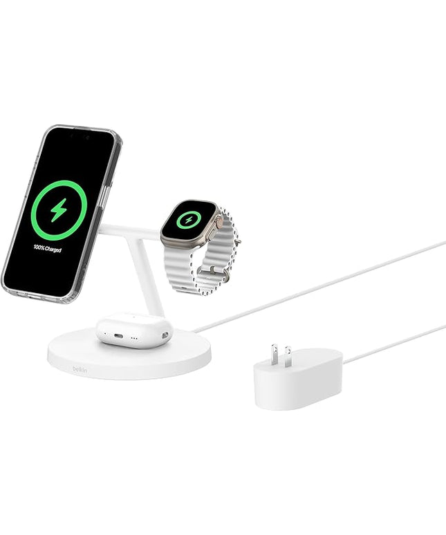 Belkin MagSafe-Compatible Charger, 3-in-1 Wireless Charging Station, Qi2-Certified 15W Wireless Charge for Apple iPhone 17 Series, Apple Watch, AirPods w/Non-Slip Base, 40W Included - Black