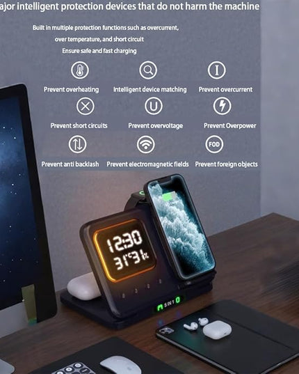 AYI 5in1 Multi Functional Wireless Charging Station with Digital Clock 15W Fast Charge Night Light Temperature Humidity Monitor Wireless Charger for All Qi Phone TWS Headphone and Apple Watch-White