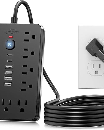 20 FT Flat Plug Surge Protector Power Strip,11 Multiple AC Outlets with 6 USB Ports (2 USB C), 20 Feet Extension Cord, 1250W/10A, One Touch Switch Button, 17 in 1 Compact powerstrip