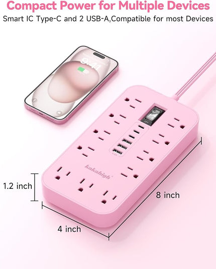 Pink Extension Cord with Multiple Outlets- 5 FT Kawaii Power Strip, Cute Extension Cord with 11 AC Outlet 6 USB (24W/4.8A), Charging Station for Cute Pink Kawaii Desk Home Room Decor Essentials Gifts