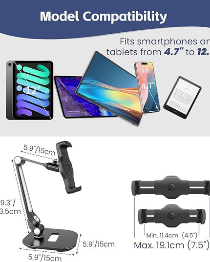 Tablet Stand Universal Holder for 4.9" - 12.9" Devices, 360° Rotating Security Stand for iPad, iPad Air, Samsung, Height Adjustable Foldable Table Top(Black)