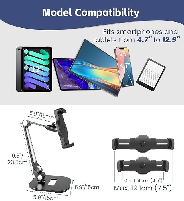 Tablet Stand Universal Holder for 4.9" - 12.9" Devices, 360° Rotating Security Stand for iPad, iPad Air, Samsung, Height Adjustable Foldable Table Top(Black)