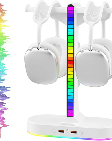 Cool RGB Headphone Stand with Charging Station - Sleek Dual Headset Holder, 3 USB Ports & 3.5mm Audio, 8 Light Modes | Ultimate Gaming Gift for Men, Boyfriend, Teen Boys - Modern White Design