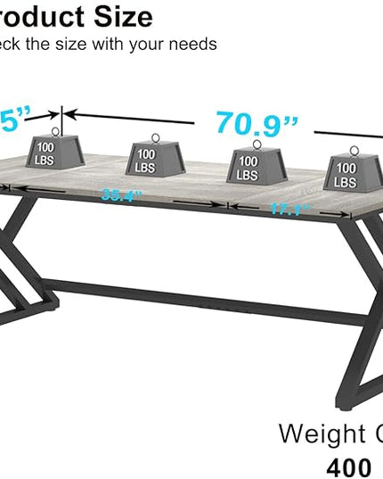HSH 70.8 Modern Office Desk, Large Long Wood Metal Computer Desk, Industrial Double Executive Desks for Two People, Rustic PC Workstation Work Study Writing Computer Table for Home, Light Grey Oak