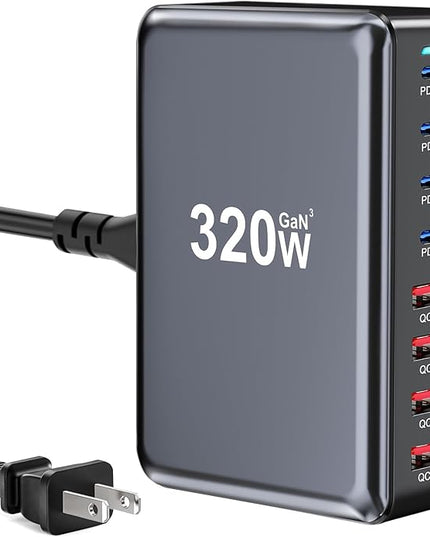 320W USB C Fast Charger Block, 8 Port USB Charging Station, GaN Ⅲ Pro 100W PD PPS Port Fast Charging Station Hub, Laptop Wall Charger Compatible with MacBook, iPhone 17, iPad, Android Devices etc