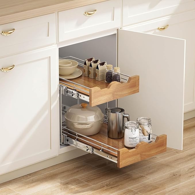 OCG Pull Out Cabinet Organizer 14" W x 21" D, 2 Tier Slide Out Shelf, Heavy-Duty Pull Out Drawer for Cabinets, Base Cabinet Organization for Kitchen, Pantry, Bathroom