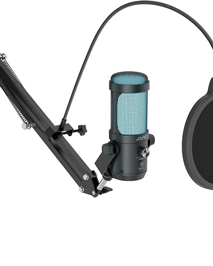 JARO USB Podcast Microphone with Boom Arm, Studio Condenser Mic with Real-Time Monitoring, Mute, Volume Control Ideal for Voice & Singing (Dark Black)