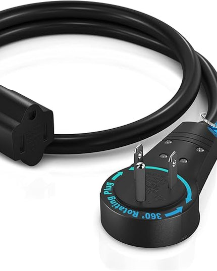 Maximm Extension Cord 2 Feet – 360° Rotating Flat Plug, 3-Prong Grounded Power Cable – UL Certified, 13A 125V, Heavy Duty 14AWG Wire – Ideal for Tight Spaces Behind Furniture – Black