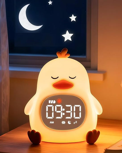 Sleepy Duck Alarm Clock with Night Light for Kids with Sleep Training and Sound Machine, Rechargeable Silicone Lamp OK to Wake Clock，Cute Animal Tabletop Lamp, Perfect Sleep Companion for Boys Girls