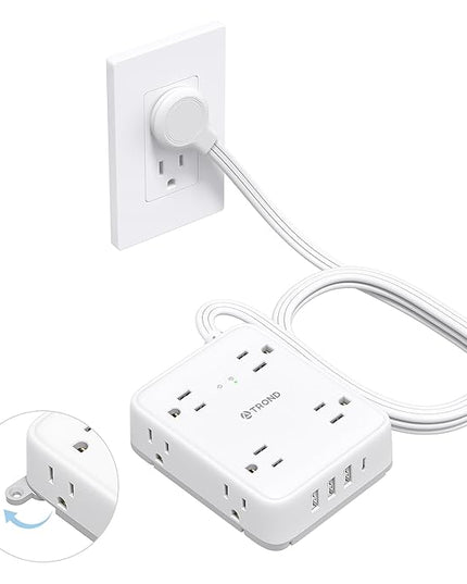 TROND Surge Protector Power Strip with USB, Ultra Thin Flat Plug 5ft Extension Cord 1625W, 3 USB A & 1 USB C, 8AC Outlets 1440J Surge Protection Wall Mount for Home Office Dorm Room Essentials, White