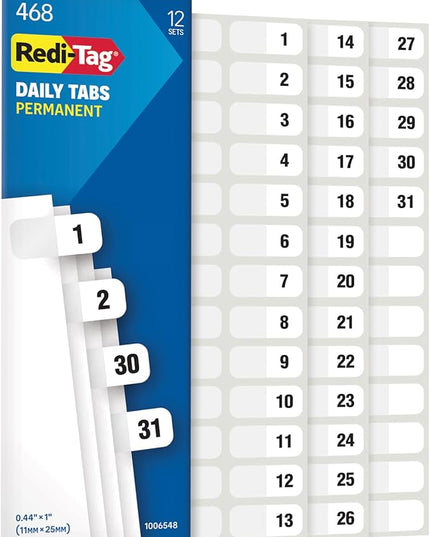 Redi-Tag Daily Adhesive Tabs, Preprinted Daily Tab, 12 Sets of 1-31 plus withBonus Blank Tabs, 7/17" x 1", Durable and Customizable Labels with Permanent Adhesive for Planners & Files, White (1006548)